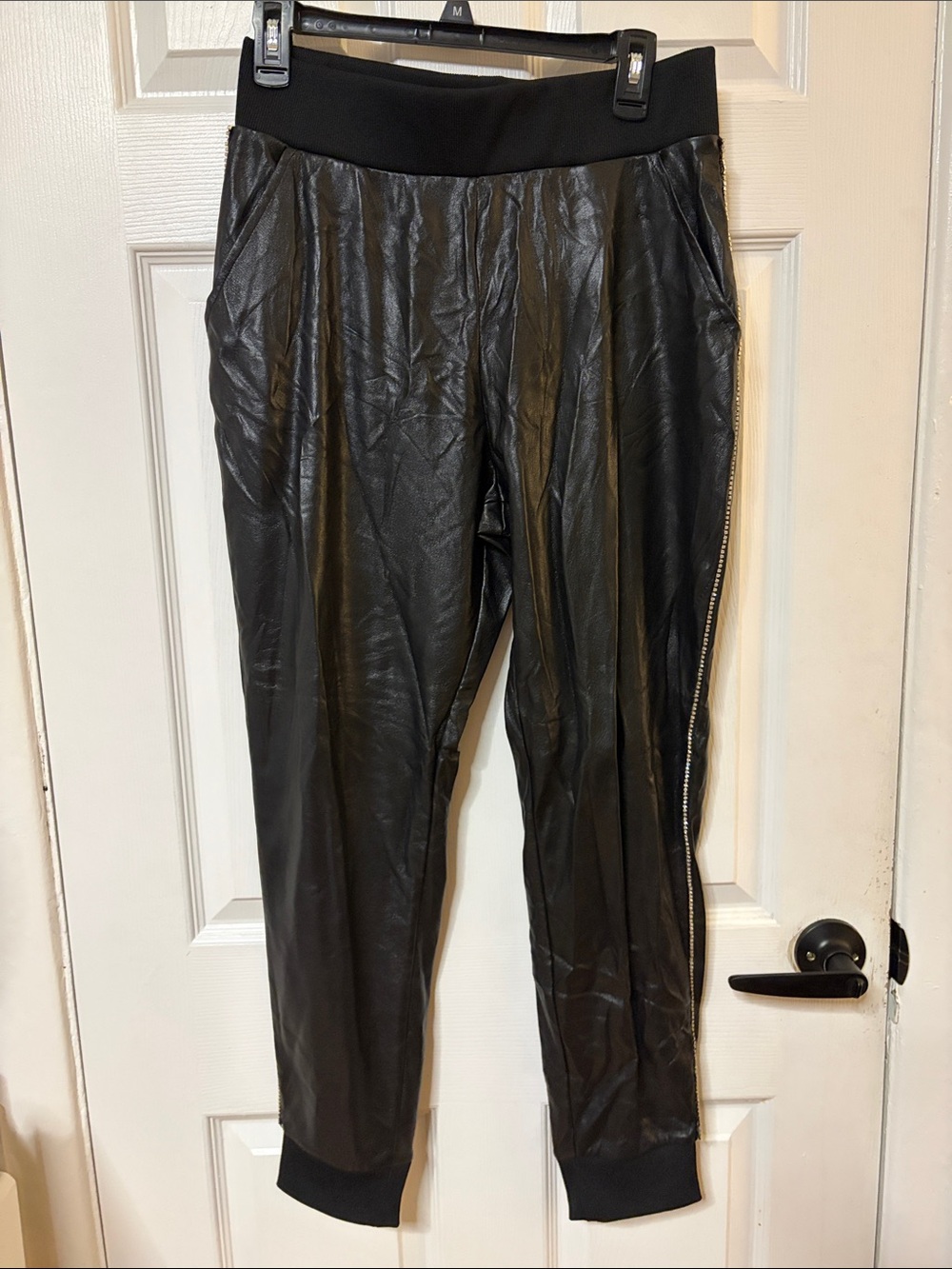 Guess Black Faux Leather Jogger Pants with Side Zip Detail